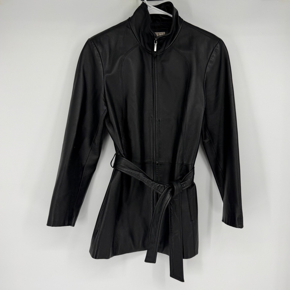 Worthington Womens Black Genuine Leather Belted Zip Up Jacket Size Medium - Picture 1 of 5